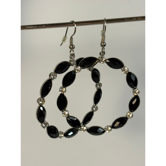 Glam Hoop Earrings Black Marquise Rhinestone Silver Tone Dangle Statement - Picture 5 of 6